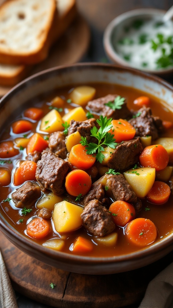 A warming bowl of beef stew with chunks of beef, potatoes, and carrots, garnished with parsley on a rustic wooden table with bread.